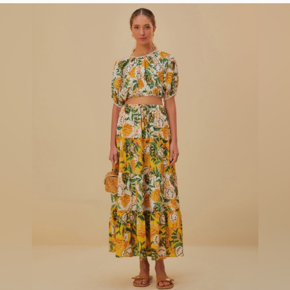 Farm Rio Biriba Tropical Fruit Maxi Skirt + Top (NWT) Yellow Multicolored